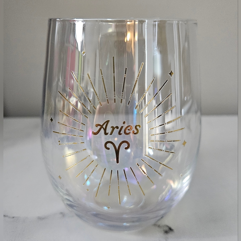 ARIES Zodiac Sign Iridescent Stemless Wine Glass W/ Gold "Aries" & Symbol NWOT